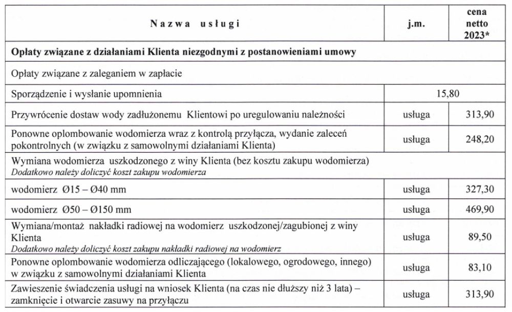 Opłaty związane z działaniami Klienta niezgodnymi z postanowieniami umowy